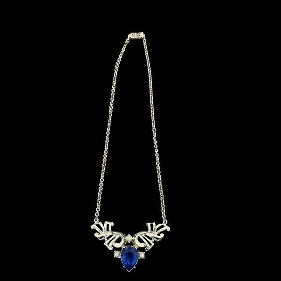 Vintage Royal Blue Rhinestone Faux Pearl Necklace Box Clasp - Picture 3 of 7